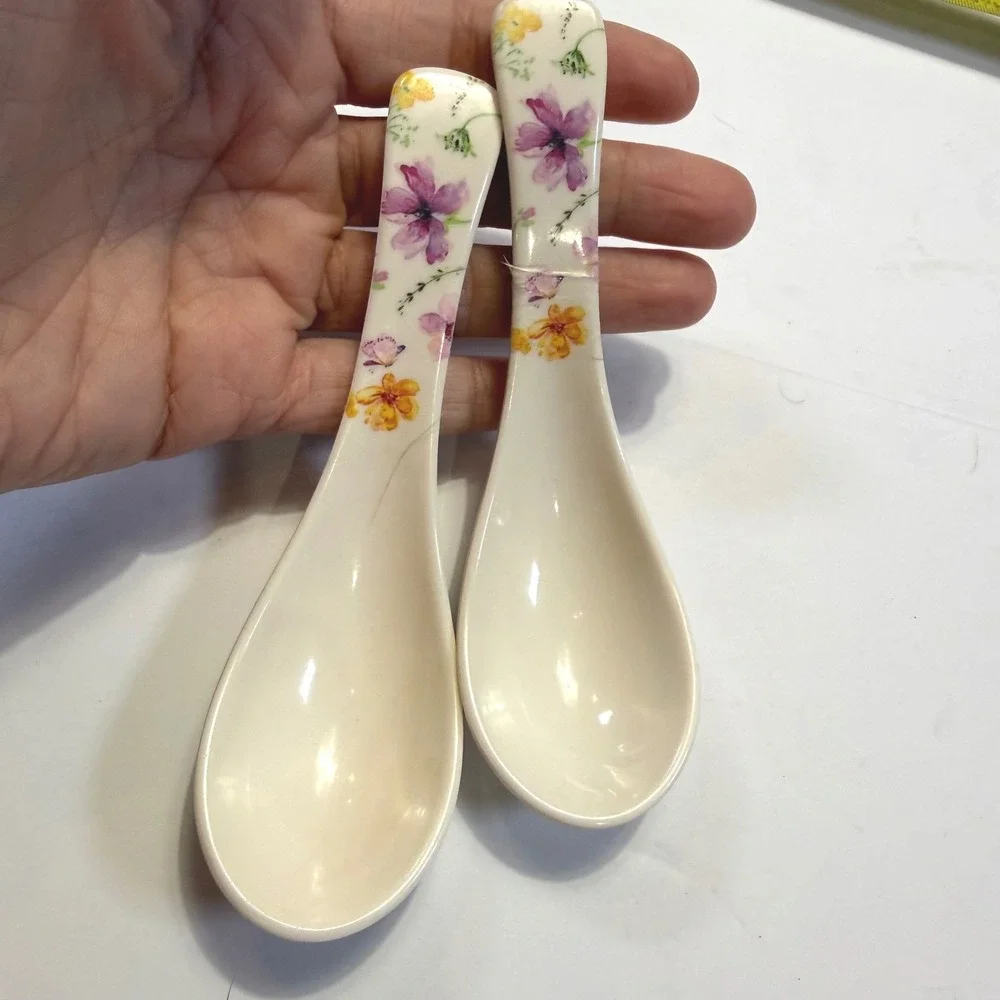 Wu He Floral Melamine Chinese Soup Spoons Set of 2 Purple Yellow Flower NO.017